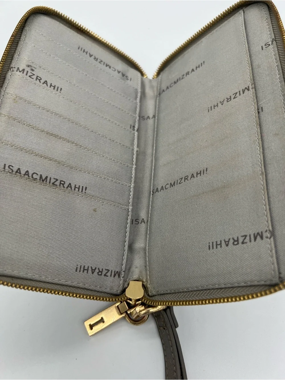 Isaac Mizrahi Metallic gray Wristlet Wallet with Gold Hardware